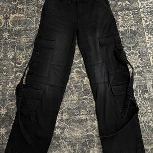 Women's Black Cargo Flare Pants with Strap Details